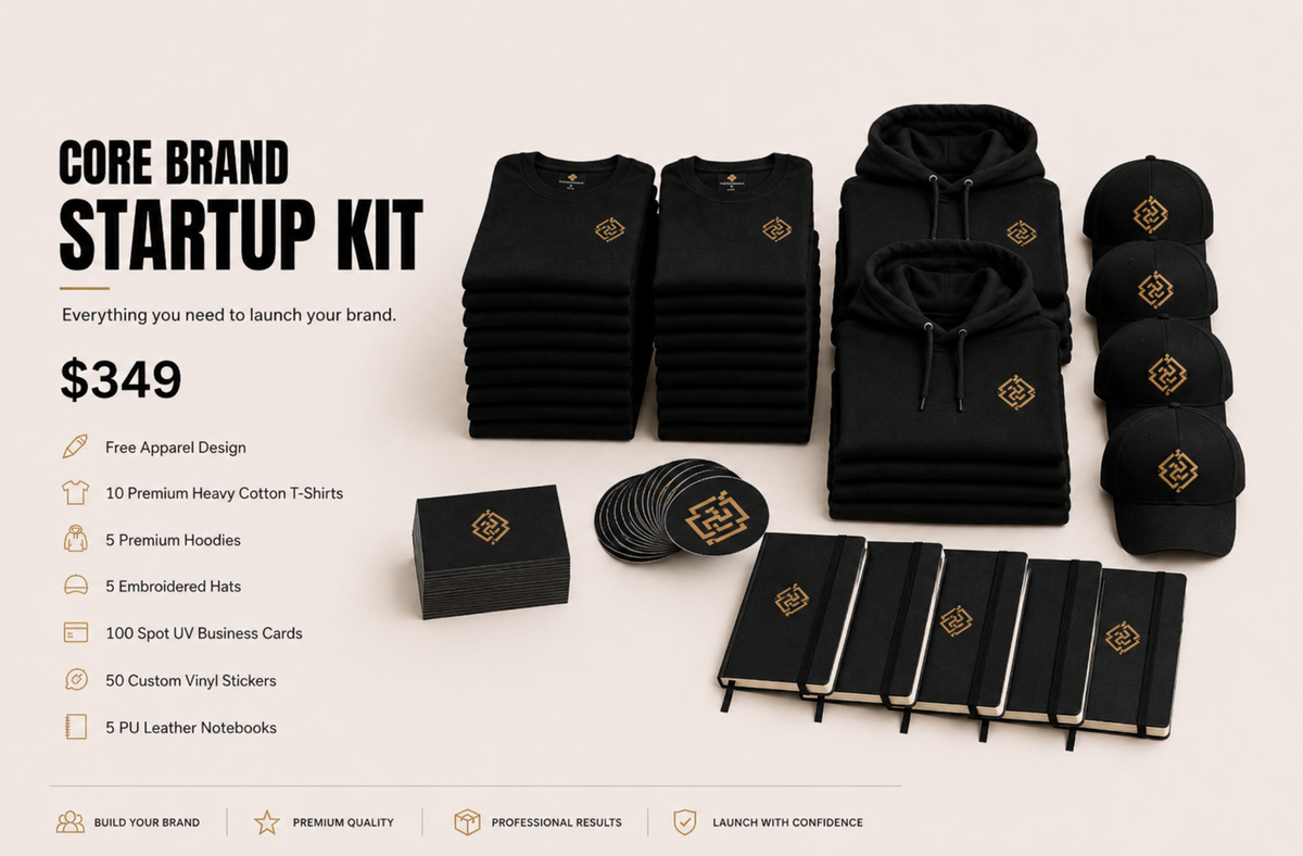 Core Brand Startup Kit - custom tees, hoodies, and embroidered hats by TRZO